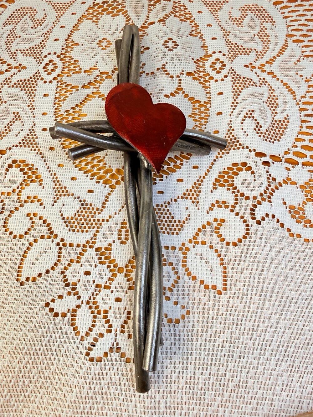 Metal Cross Wall Hanging Red Heart Center Christian Decor 10" x 5"